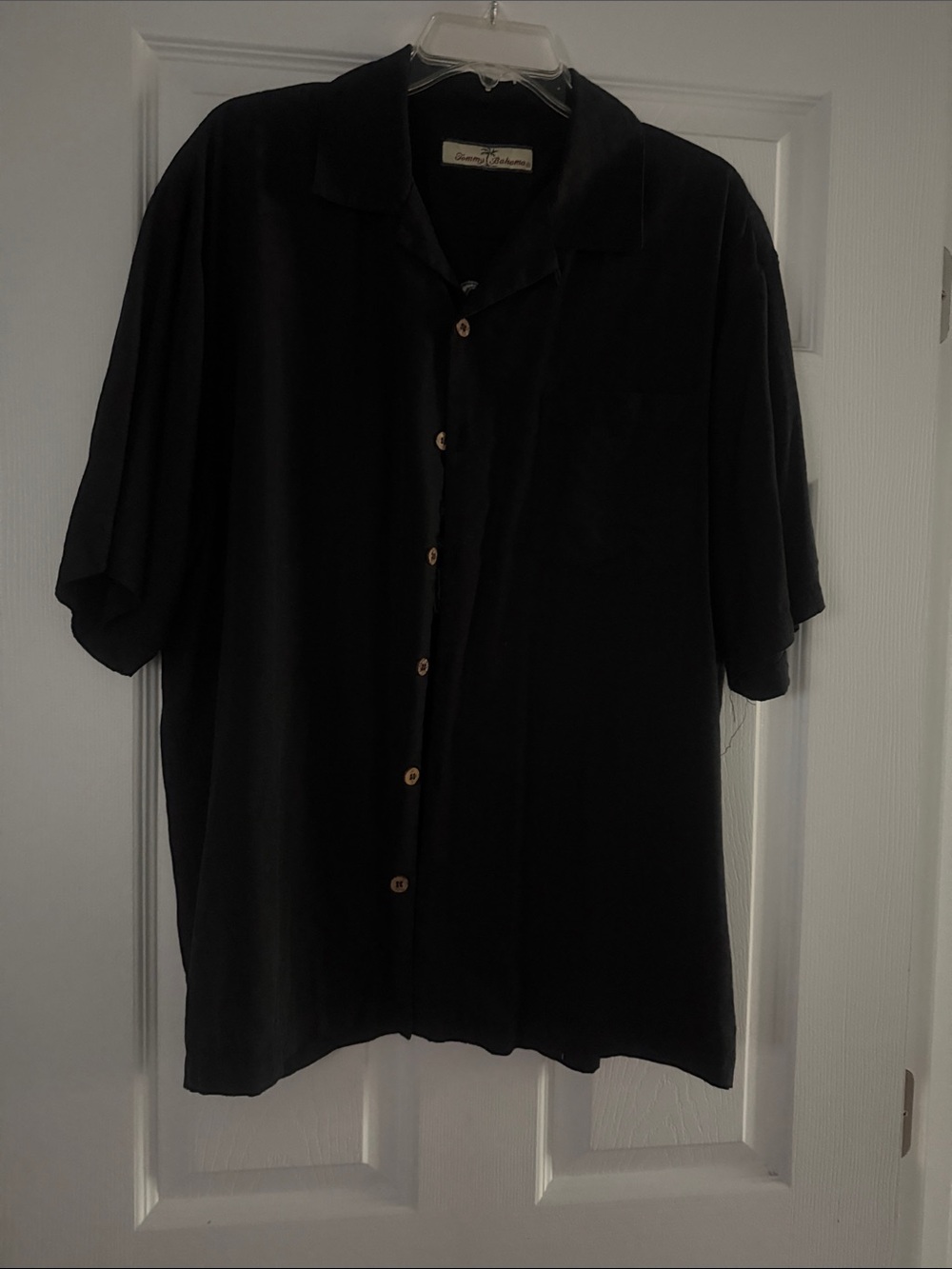 Tommy Bahama Black Short-Sleeve Camp Shirt with Wood-Tone Buttons